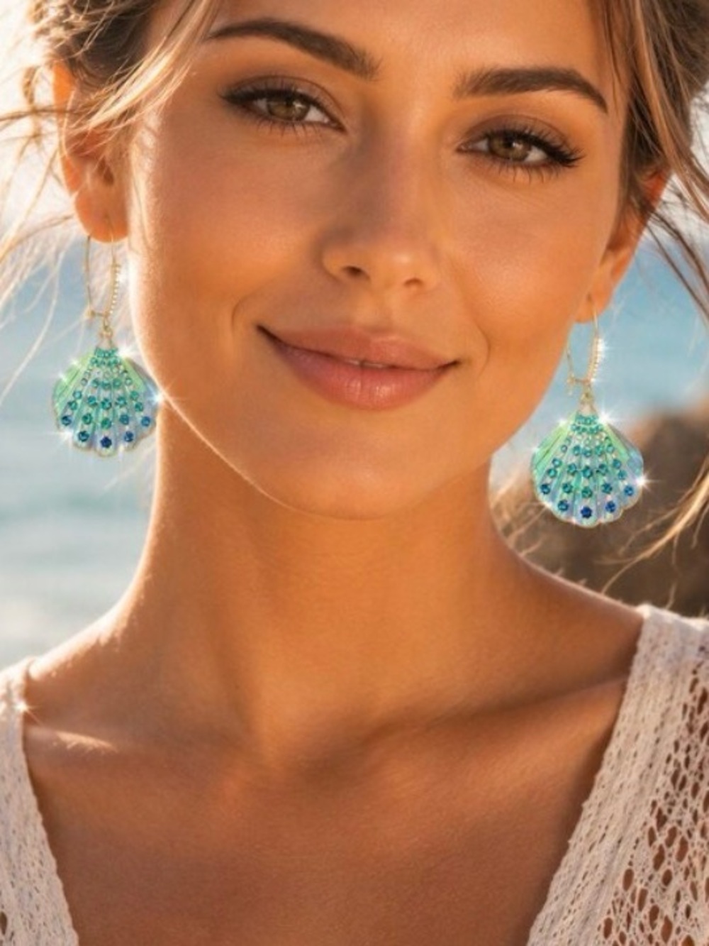 New Betsey Johnson Iridescent Shell Drop Earrings with Aqua Crystals - Picture 10 of 11